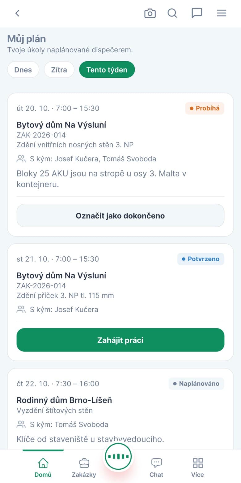 Plán dne montážníka v mobilní aplikaci TaskGrip