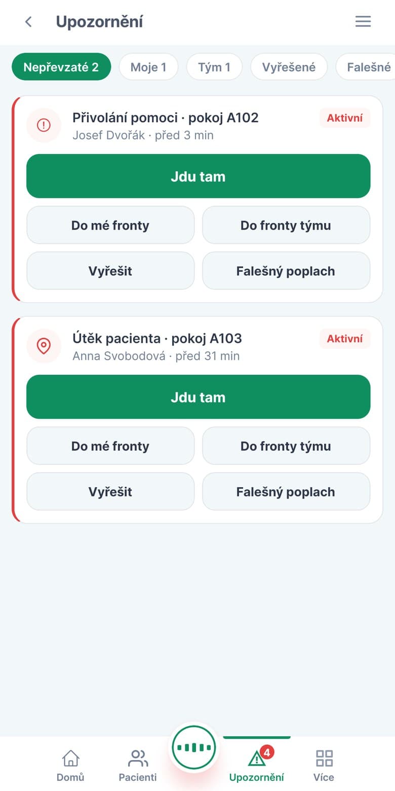 Pečovatel vidí frontu alertů, ne skupinový chat