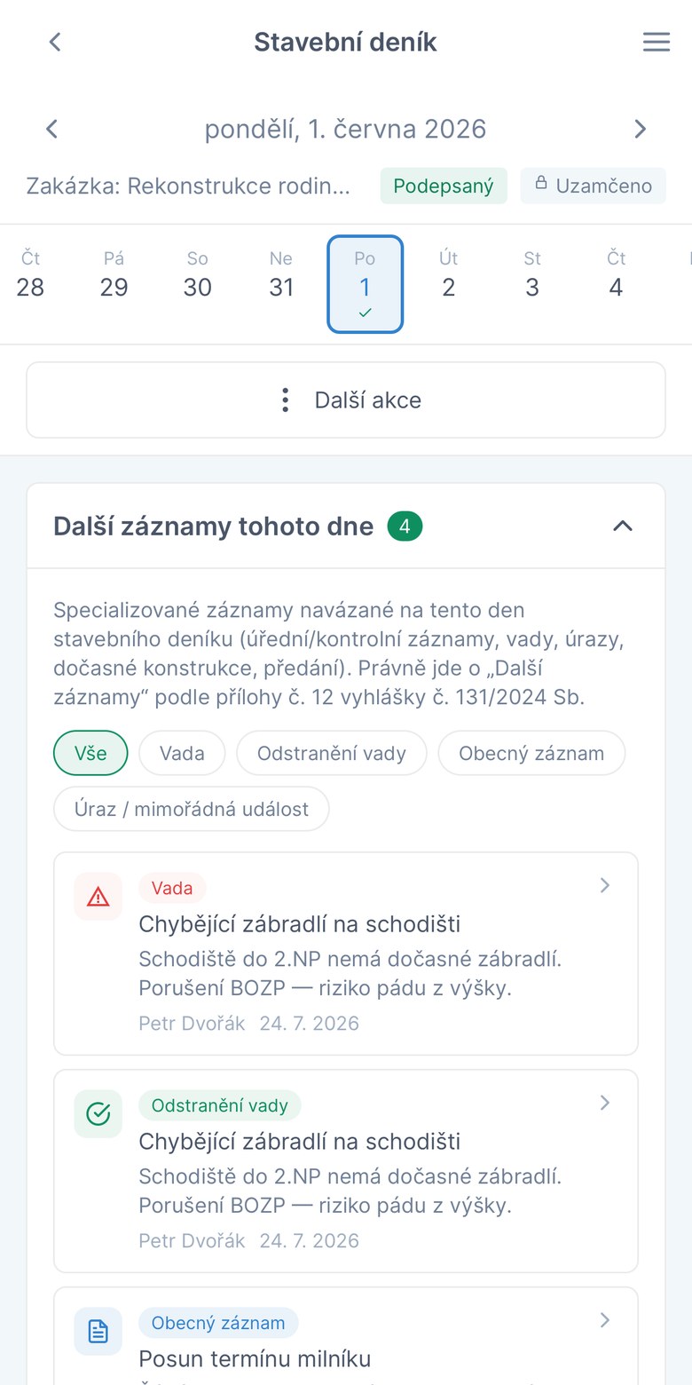 Vady a další záznamy v mobilní aplikaci