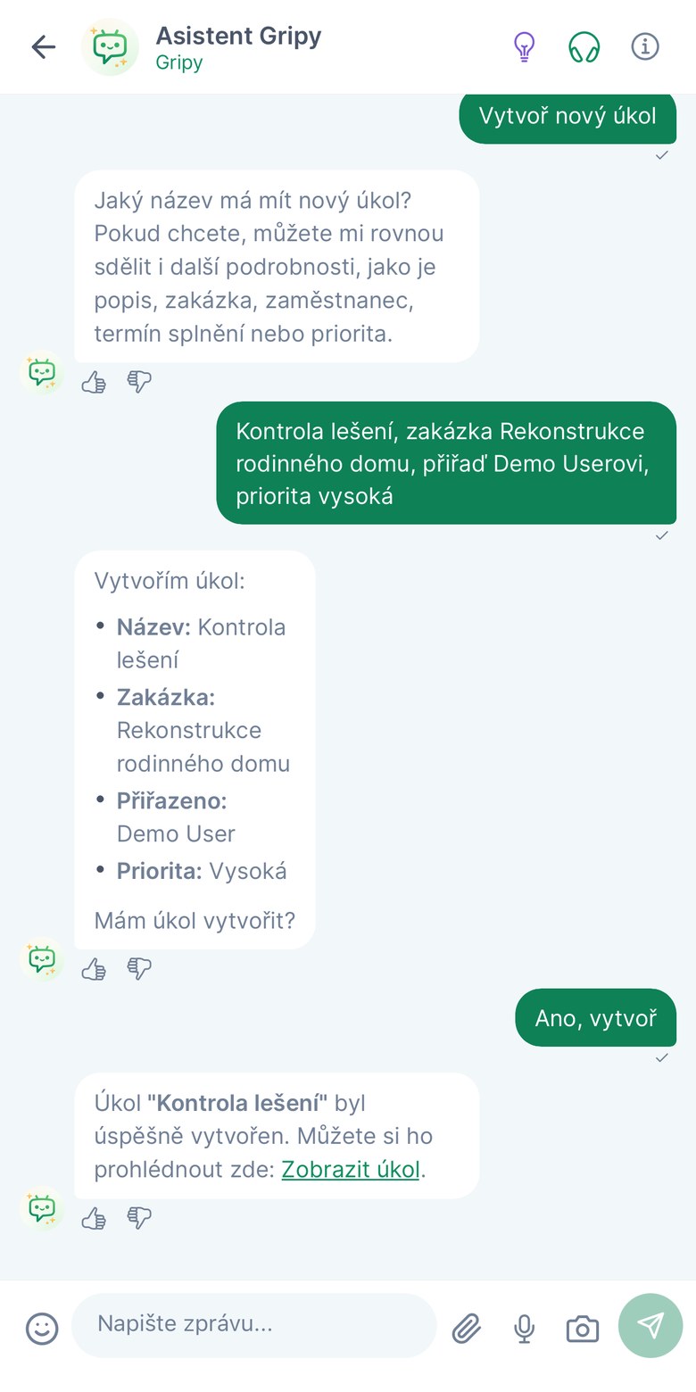 Zakládání úkolu přes asistenta Gripy