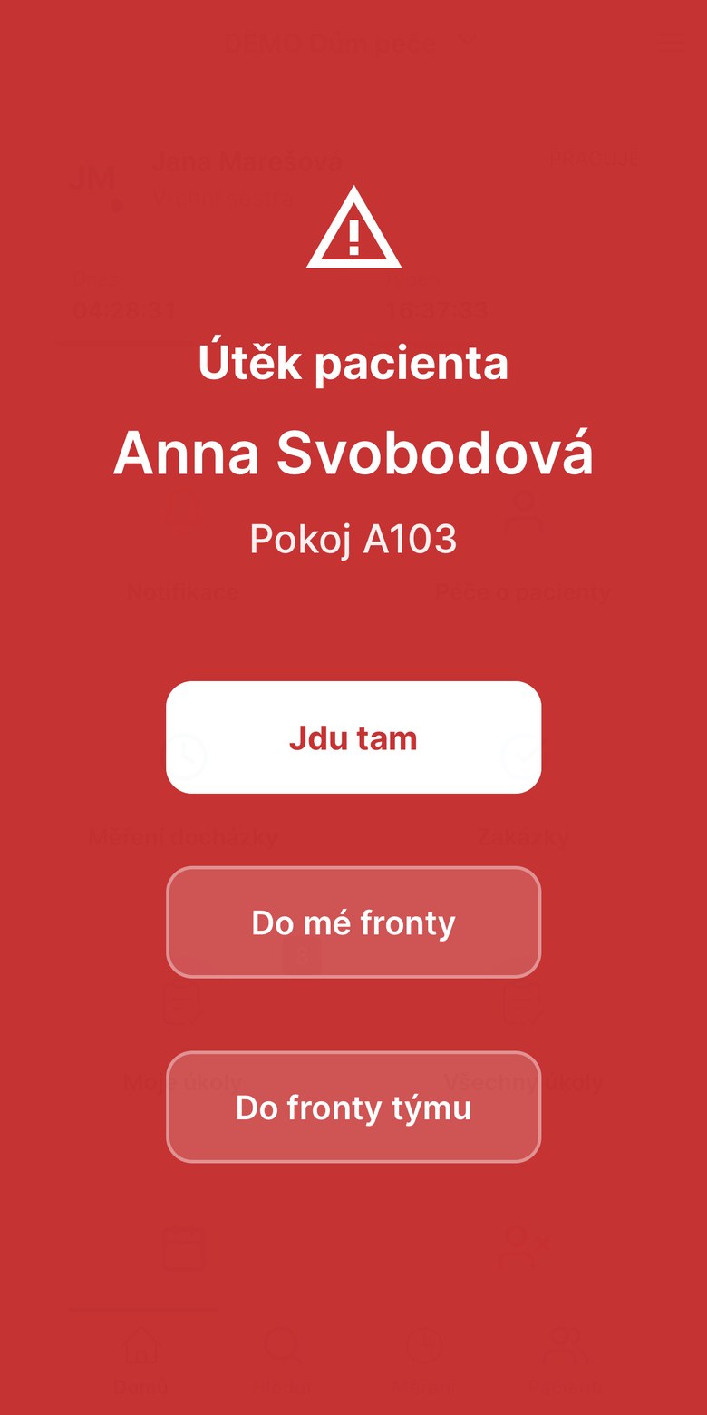 Upozornění na útěk pacienta v mobilu