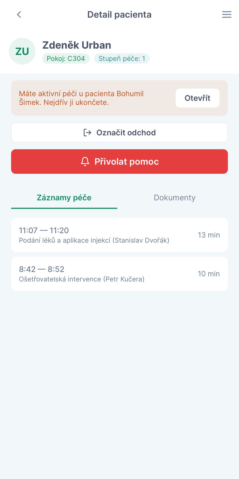 Detail pacienta v mobilní aplikaci