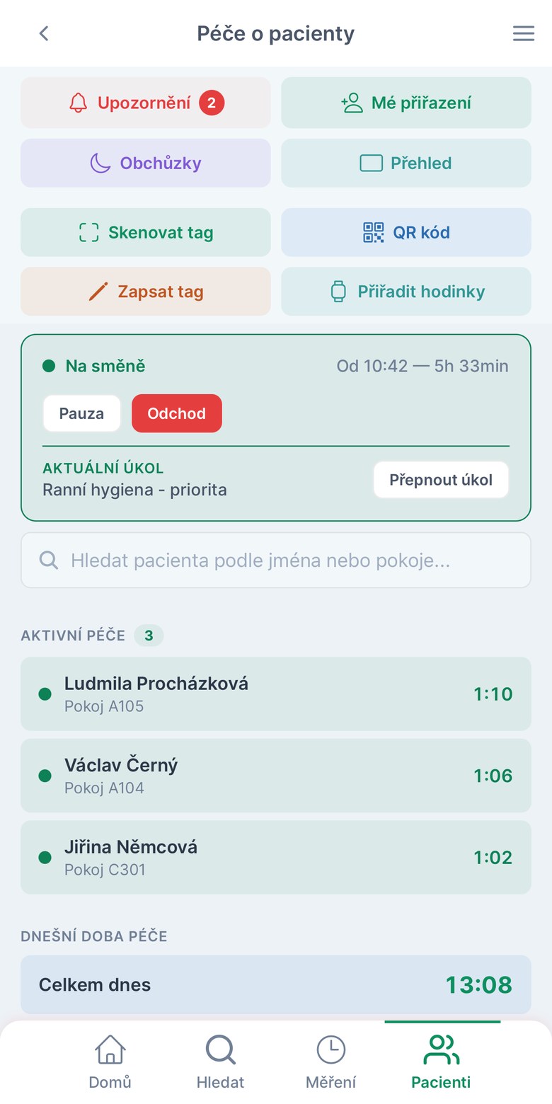 Obrazovka péče v mobilní aplikaci