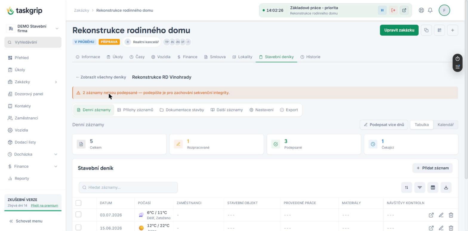 Detail stavebního deníku s denními záznamy