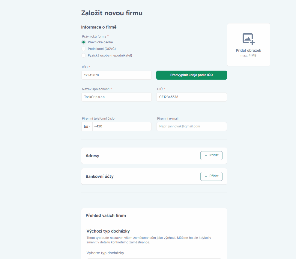 Založení firmy a nastavení docházky – obrázek 2